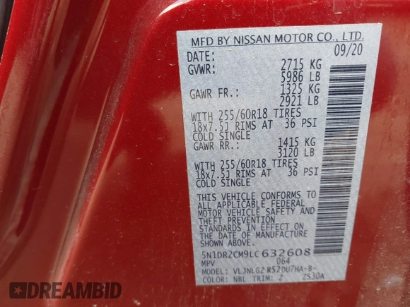 2020 Nissan Pathfinder SL with VIN 5N1DR2CM9LC632608, listed as a IAAI auction lot 42291395 with 91,313 mi miles and . Bid and sale history available at DreamBid. Image 9.