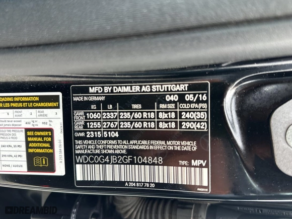 2016 Mercedes-Benz GLC with VIN WDC0G4JB2GF104848, listed as a Copart auction lot 54097185 with 130,628 mi miles and Clean Title. Bid and sale history available at carsss.com. Image 10.