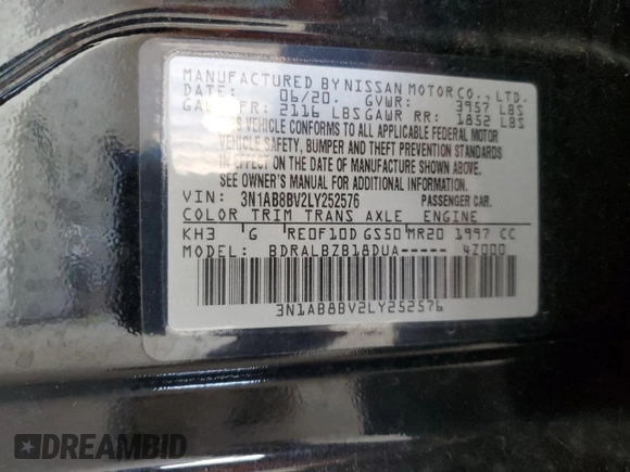 2020 Nissan Sentra S with VIN 3N1AB8BV2LY252576, listed as a Copart auction lot 52111675 with 45,734 mi miles and Non Repairable. Bid and sale history available at carsss.com. Image 13.