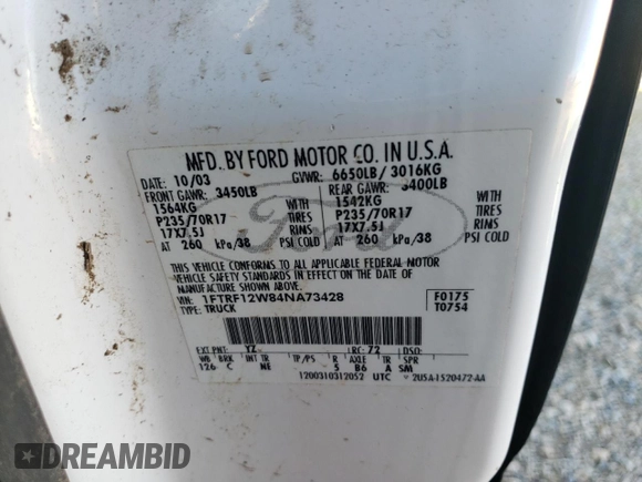2004 Ford F-150 XL with VIN 1FTRF12W84NA73428, listed as a Copart auction lot 87842645 with 209,604 mi miles and Salvage Title. Bid and sale history available at carsss.com. Image 12.