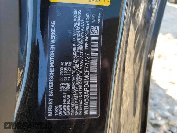 2021 BMW 4 Series 430i with VIN WBA53AP04MCF74727, listed as a Copart auction lot 43171735 with 20,740 mi miles and Salvage Title. Bid and sale history available at DreamBid. Image 12.