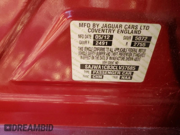 2012 Jaguar XJ with VIN SAJWA1CB3CLV37685, listed as a Copart auction lot 87586005 with 59,885 mi miles and Salvage title. Bid and sale history available at DreamBid. Image 12.