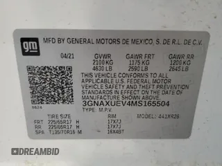 2021 Chevrolet Equinox LT with VIN 3GNAXUEV4MS165504, listed as a Copart auction lot 53049245 with 75,706 mi miles and Salvage Title. Bid and sale history available at DreamBid. Image 15.