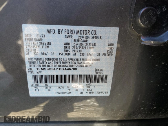2023 Ford Explorer ST-Line с VIN 1FMSK8KH1PGA46700, выставлен на аукционе Copart как лот 42696075 с пробегом 33 707 миль миль и Списание • Salvage title. История ставок и продаж доступна на DreamBid. Изображение 13.