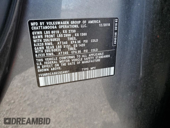 2019 Volkswagen Atlas SEL Premium z VIN 1V2NR2CA5KC524661, wystawiony jako Copart lot #50815745 z przebiegiem 134 940 mil mil oraz Szkoda całkowita • Salvage title. Historia ofert i sprzedaży dostępna na DreamBid. Obrazek 13.