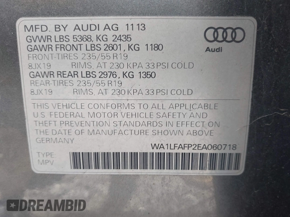 2014 Audi Q5 Premium Plus with VIN WA1LFAFP2EA060718, listed as a IAAI auction lot 42161099 with 122,914 mi miles and . Bid and sale history available at DreamBid. Image 9.