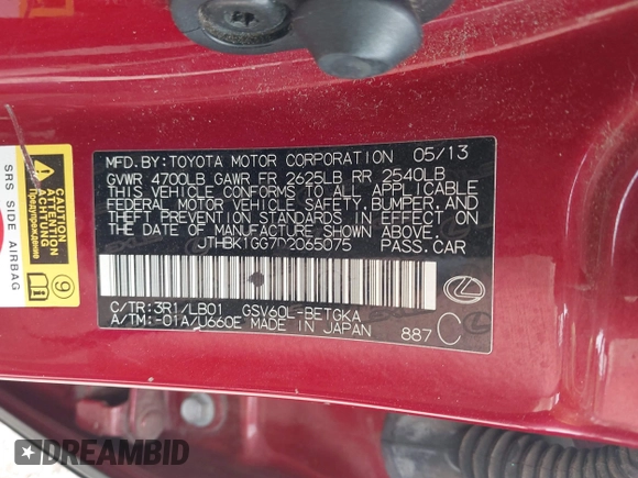 2013 Lexus ES 250 с VIN JTHBK1GG7D2065075, выставлен на аукционе IAAI как лот 41761753 с пробегом 121 272 миль миль и . История ставок и продаж доступна на DreamBid. Изображение 9.