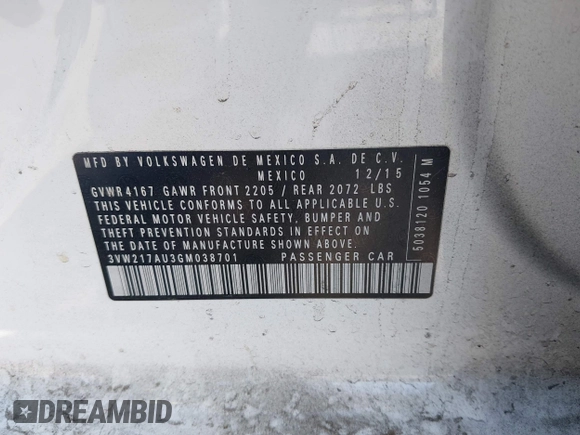 2016 Volkswagen Golf TSI S z VIN 3VW217AU3GM038701, wystawiony jako IAAI lot #42021568 z przebiegiem Nie podano mil oraz . Historia ofert i sprzedaży dostępna na DreamBid. Obrazek 9.
