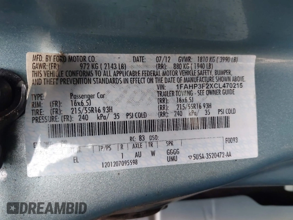 2012 Ford Focus SE with VIN 1FAHP3F2XCL470215, listed as a IAAI auction lot 41094147 with 139,653 mi miles and . Bid and sale history available at DreamBid. Image 9.