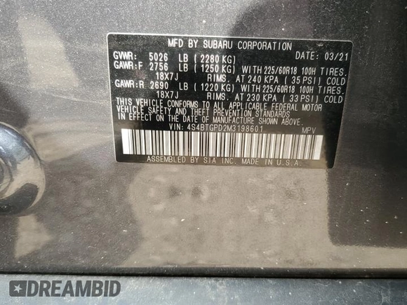 2021 Subaru Outback Touring XT с VIN 4S4BTGPD2M3198601, выставлен на аукционе Copart как лот 58032835 с пробегом 45 199 миль миль и Списание • Salvage title. История ставок и продаж доступна на DreamBid. Изображение 13.