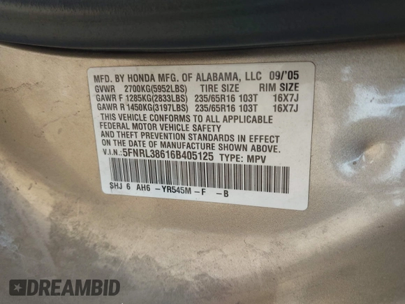 2006 Honda Odyssey EX-L с VIN 5FNRL38616B405125, выставлен на аукционе IAAI как лот 42120519 с пробегом 224 674 миль миль и . История ставок и продаж доступна на DreamBid. Изображение 9.