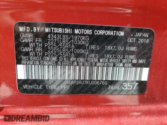 2019 Mitsubishi Outlander ES z VIN JA4AP3AU7KU006760, wystawiony jako Copart lot #56310235 z przebiegiem 92 533 mil mil oraz Szkoda całkowita • Salvage title. Historia ofert i sprzedaży dostępna na DreamBid. Obrazek 13.