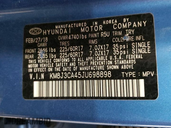 2018 Hyundai Tucson SEL with VIN KM8J3CA45JU698898, listed as a Copart auction lot 54228285 with Not provided miles and Salvage title. Bid and sale history available at DreamBid. Image 13.