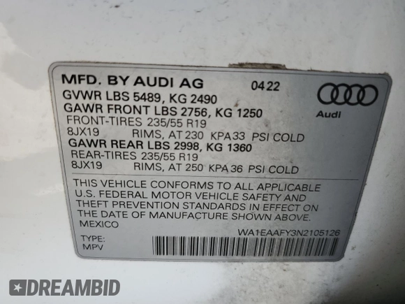 2022 Audi Q5 S line Premium Plus with VIN WA1EAAFY3N2105126, listed as a Copart auction lot 56025645 with 40,853 mi miles and Salvage title. Bid and sale history available at DreamBid. Image 14.