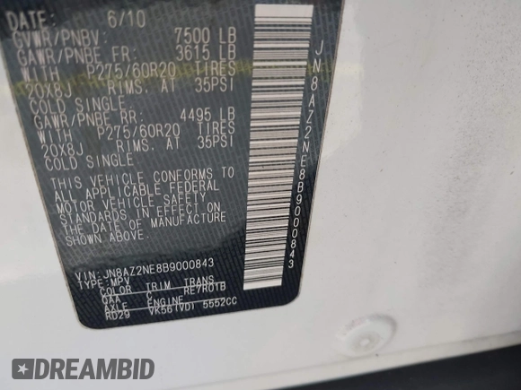 2011 Infiniti QX56 7-passenger with VIN JN8AZ2NE8B9000843, listed as a IAAI auction lot 41836248 with 191,985 mi miles and . Bid and sale history available at DreamBid. Image 9.