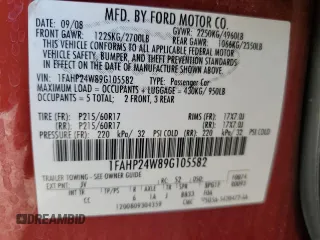 2009 Ford Taurus SEL with VIN 1FAHP24W89G105582, listed as a Copart auction lot 46047985 with 52,087 mi miles and Salvage Title. Bid and sale history available at carsss.com. Image 14.