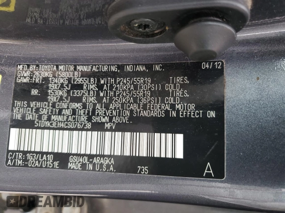 2012 Toyota Highlander Limited z VIN 5TDYK3EH4CS076738, wystawiony jako Copart lot #58552115 z przebiegiem 298 533 mil mil oraz Szkoda całkowita • Salvage title. Historia ofert i sprzedaży dostępna na DreamBid. Obrazek 13.