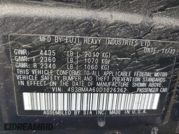 2013 Subaru Legacy 2.5i with VIN 4S3BMAA60D1026362, listed as a Copart auction lot 52607685 with Not provided miles and Salvage title. Bid and sale history available at DreamBid. Image 12.