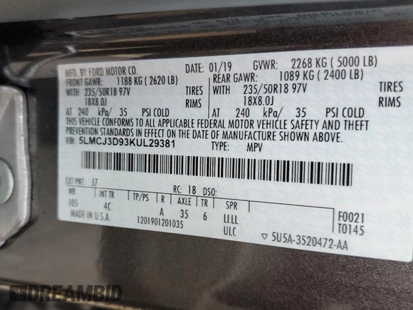 2019 Lincoln MKC Reserve with VIN 5LMCJ3D93KUL29381, listed as a Copart auction lot 44835375 with 83,664 mi miles and Salvage Title. Bid and sale history available at DreamBid. Image 13.