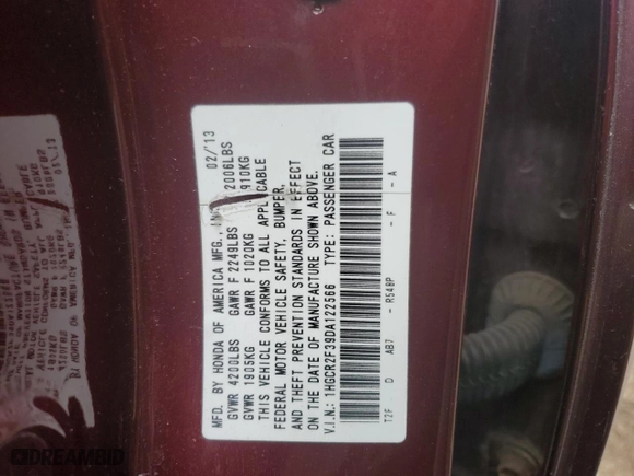 2013 Honda Accord Sdn LX with VIN 1HGCR2F39DA122566, listed as a Copart auction lot 49548655 with 112,437 mi miles and Salvage Title. Bid and sale history available at carsss.com. Image 15.