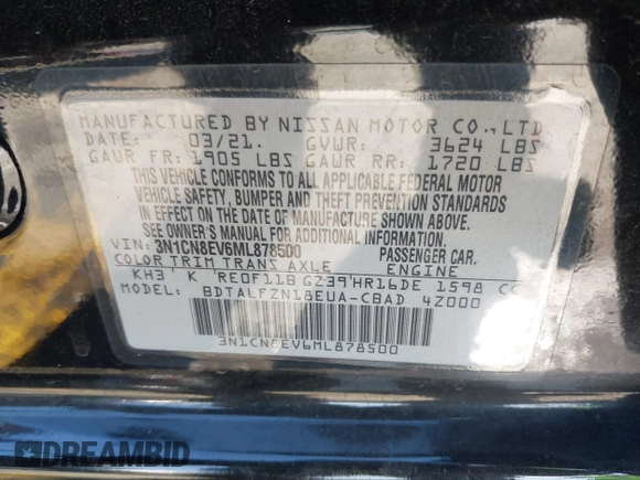 2021 Nissan Versa SV with VIN 3N1CN8EV6ML878500, listed as a IAAI auction lot 41346957 with 95,315 mi miles and . Bid and sale history available at DreamBid. Image 9.