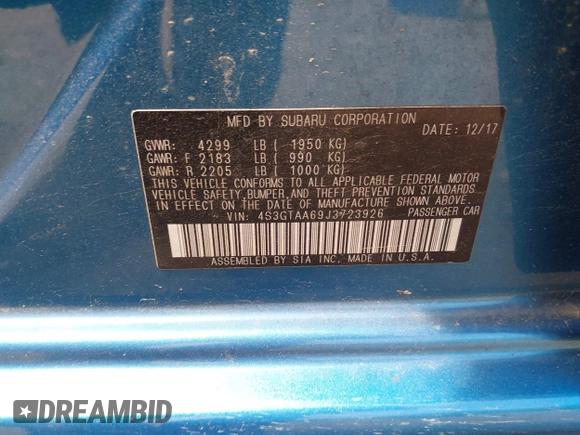 2018 Subaru Impreza with VIN 4S3GTAA69J3723926, listed as a IAAI auction lot 42129469 with 61,167 mi miles and . Bid and sale history available at DreamBid. Image 9.