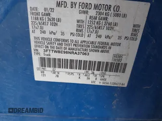 2022 Ford Maverick XL with VIN 3FTTW8E98NRA37063, listed as a IAAI auction lot 42005119 with 25,568 mi miles. Bid and sale history available at carsss.com. Image 9.
