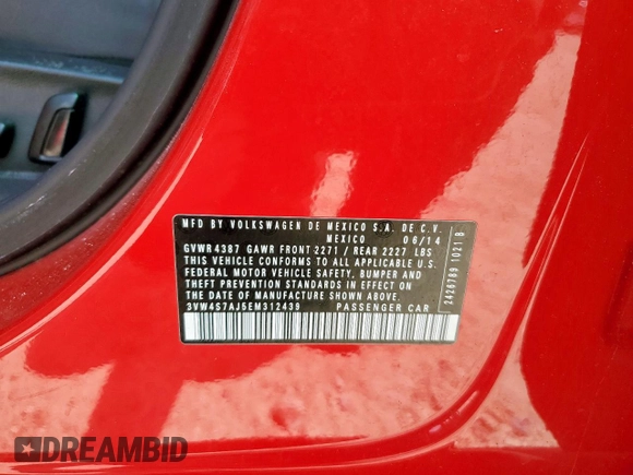 2014 Volkswagen Jetta GLI Edition 30 with VIN 3VW4S7AJ5EM312439, listed as a Copart auction lot 64490025 with Not provided miles and Clean title. Bid and sale history available at DreamBid. Image 12.