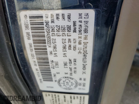 2002 Dodge Caravan with VIN 1B4GP25R42B592214, listed as a Copart auction lot 43773885 with 166,052 mi miles and Salvage title. Bid and sale history available at DreamBid. Image 13.