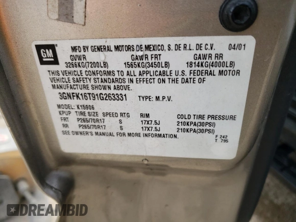 2001 Chevrolet Suburban LT z VIN 3GNFK16T91G263331, wystawiony jako Copart lot #47511634 z przebiegiem Nie podano mil oraz Szkoda całkowita • Salvage title. Historia ofert i sprzedaży dostępna na DreamBid. Obrazek 13.