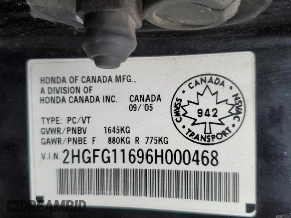 2006 Honda Civic Cpe LX with VIN 2HGFG11696H000468, listed as a Copart auction lot 50511475 with 347,328 mi miles and Clean Title. Bid and sale history available at carsss.com. Image 12.