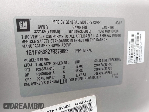 2007 Cadillac Escalade z VIN 1GYFK63827R379883, wystawiony jako IAAI lot #42129071 z przebiegiem 227 794 mil mil oraz . Historia ofert i sprzedaży dostępna na DreamBid. Obrazek 9.