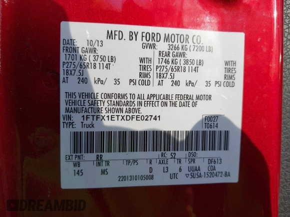2013 Ford F-150 XL with VIN 1FTFX1ETXDFE02741, listed as a IAAI auction lot 41784630 with 141,081 mi miles and . Bid and sale history available at DreamBid. Image 9.