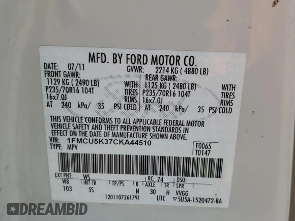 2012 Ford Escape Hybrid with VIN 1FMCU5K37CKA44510, listed as a Copart auction lot 63316175 with 156,892 mi miles and Salvage title. Bid and sale history available at DreamBid. Image 13.