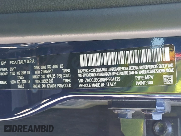 2017 Jeep Renegade Trailhawk с VIN ZACCJBCB6HPF64129, выставлен на аукционе IAAI как лот 42435742 с пробегом 74 975 миль миль и . История ставок и продаж доступна на DreamBid. Изображение 9.