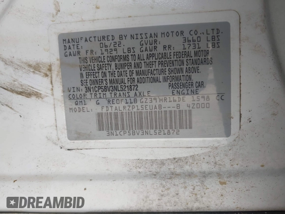 2022 Nissan Kicks S with VIN 3N1CP5BV3NL521872, listed as a IAAI auction lot 41693544 with 1 mi miles. Bid and sale history available at carsss.com. Image 8.
