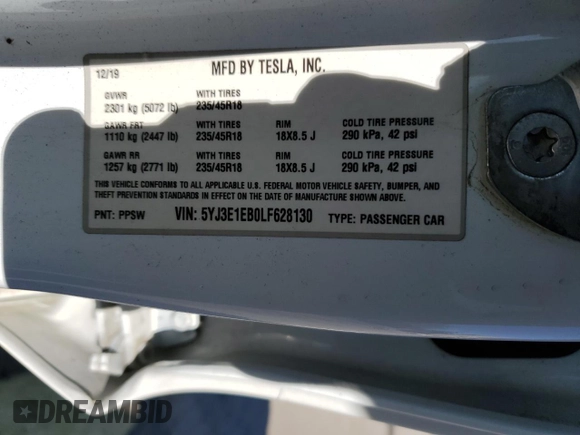 2020 Tesla Model 3 Long Range z VIN 5YJ3E1EB0LF628130, wystawiony jako Copart lot #50706955 z przebiegiem 67 384 mil mil oraz Szkoda całkowita • Salvage title. Historia ofert i sprzedaży dostępna na DreamBid. Obrazek 14.