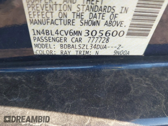 2021 Nissan Altima 2.5 SR with VIN 1N4BL4CV6MN305600, listed as a IAAI auction lot 41763467 with 110,054 mi miles. Bid and sale history available at carsss.com. Image 9.