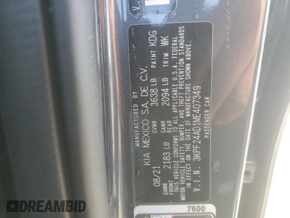 2021 Kia Forte FE with VIN 3KPF24AD1ME407349, listed as a Copart auction lot 47695845 with 31,405 mi miles and Salvage Title. Bid and sale history available at carsss.com. Image 15.