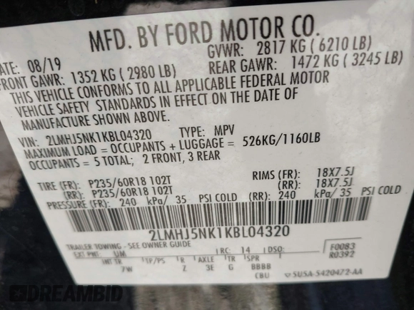 2019 Lincoln MKT with VIN 2LMHJ5NK1KBL04320, listed as a IAAI auction lot 41106755 with 174,362 mi miles and . Bid and sale history available at DreamBid. Image 9.