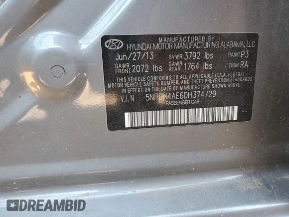 2013 Hyundai Elantra GLS with VIN 5NPDH4AE6DH374729, listed as a Copart auction lot 65541973 with 105,181 mi miles and Salvage title. Bid and sale history available at DreamBid. Image 13.