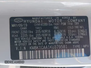 2019 Hyundai Kona SE with VIN KM8K1CAA1KU379581, listed as a IAAI auction lot 41998445 with 64,659 mi miles. Bid and sale history available at carsss.com. Image 9.