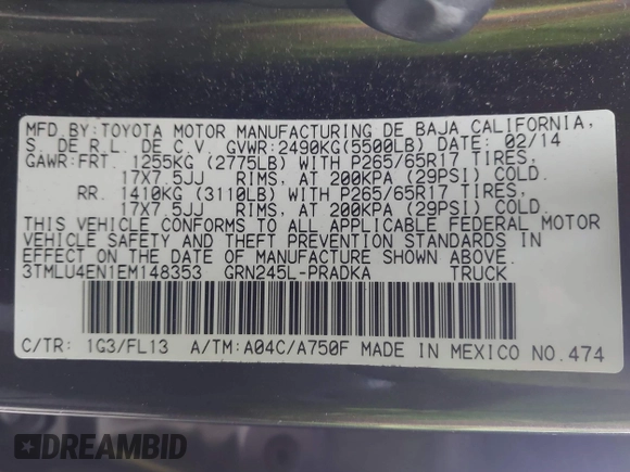 2014 Toyota Tacoma with VIN 3TMLU4EN1EM148353, listed as a IAAI auction lot 41602756 with 89,563 mi miles. Bid and sale history available at carsss.com. Image 9.