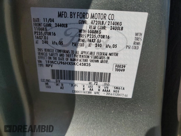 2005 Ford Escape Hybrid with VIN 1FMCU96HX5KC45835, listed as a Copart auction lot 55238065 with 223,769 mi miles and Salvage title. Bid and sale history available at DreamBid. Image 13.