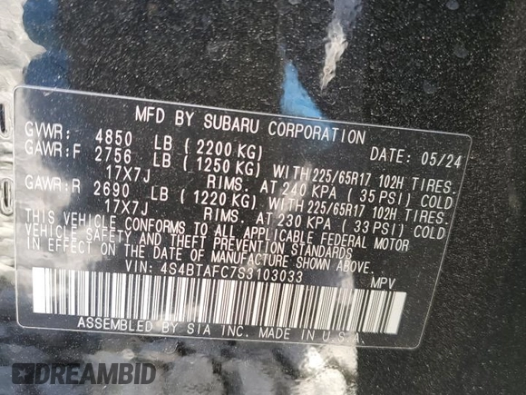 2025 Subaru Outback Premium z VIN 4S4BTAFC7S3103033, wystawiony jako Copart lot #54977555 z przebiegiem 3 639 mil mil oraz Szkoda całkowita • Salvage title. Historia ofert i sprzedaży dostępna na DreamBid. Obrazek 13.