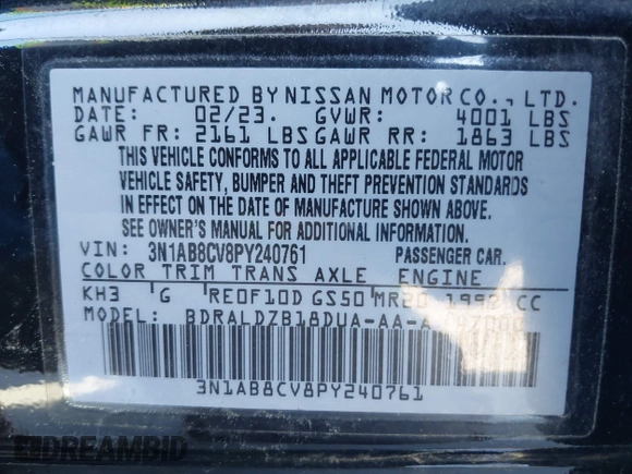 2023 Nissan Sentra SV with VIN 3N1AB8CV8PY240761, listed as a IAAI auction lot 42057072 with 49,076 mi miles. Bid and sale history available at carsss.com. Image 9.