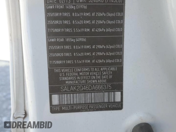 2013 Land Rover LR4 Lux with VIN SALAK2D46DA666375, listed as a Copart auction lot 73782094 with 144,256 mi miles and Salvage title. Bid and sale history available at DreamBid. Image 13.