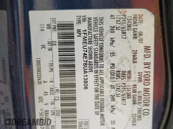 2008 Ford Explorer Eddie Bauer z VIN 1FMEU74E78UA13806, wystawiony jako Copart lot #63615595 z przebiegiem 233 963 mil mil oraz Szkoda całkowita • Salvage title. Historia ofert i sprzedaży dostępna na DreamBid. Obrazek 14.