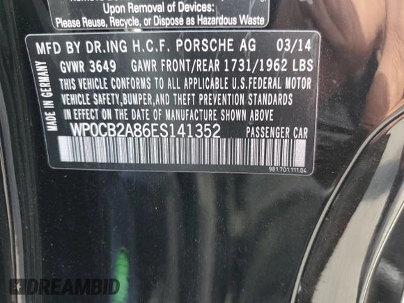 2014 Porsche Boxster S with VIN WP0CB2A86ES141352, listed as a Copart auction lot 58347315 with Not provided miles and Salvage title. Bid and sale history available at DreamBid. Image 12.