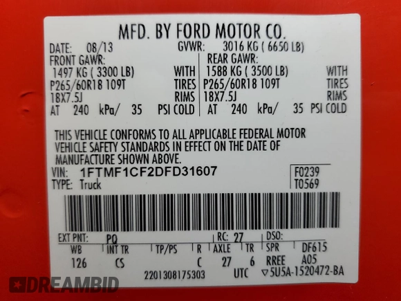 2013 Ford F-150 XL with VIN 1FTMF1CF2DFD31607, listed as a Copart auction lot 84972754 with 119,680 mi miles and Clean title. Bid and sale history available at DreamBid. Image 12.